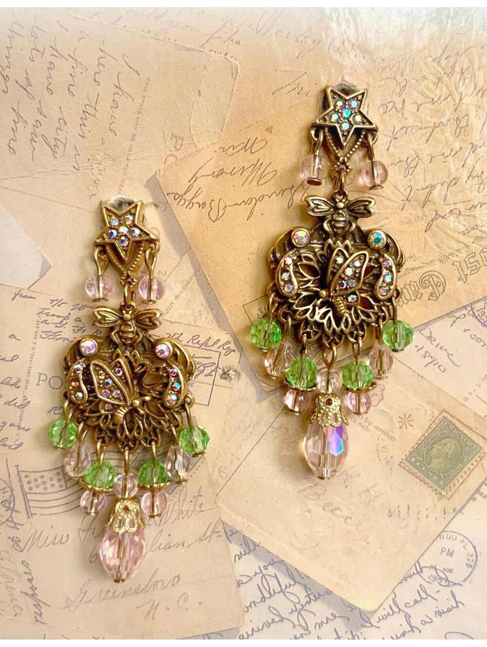 Bee Star Pink Green Crystal Chandelier Dangle Earrings